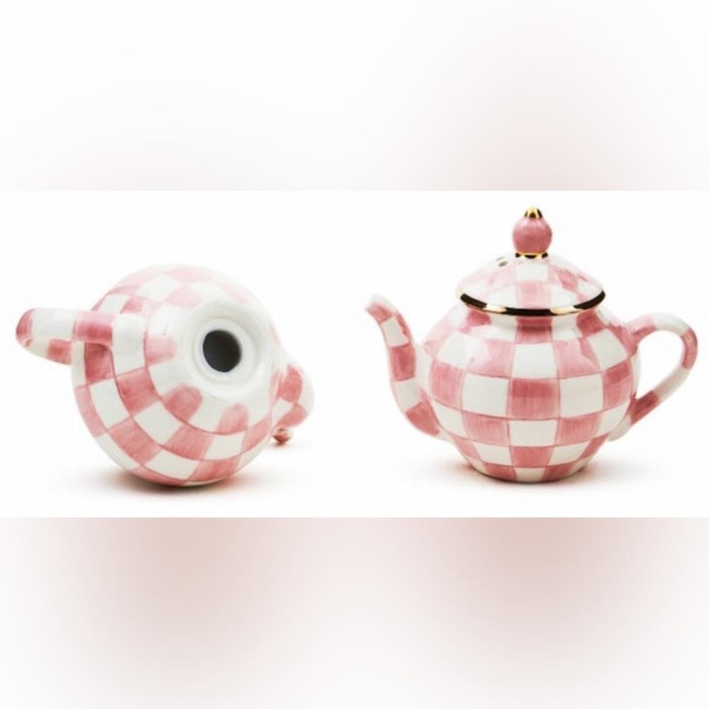 Mackenzie-Childs NWT in gift box gorgeous Rosy Check Teapot Salt & Pepper set - Picture 4 of 14